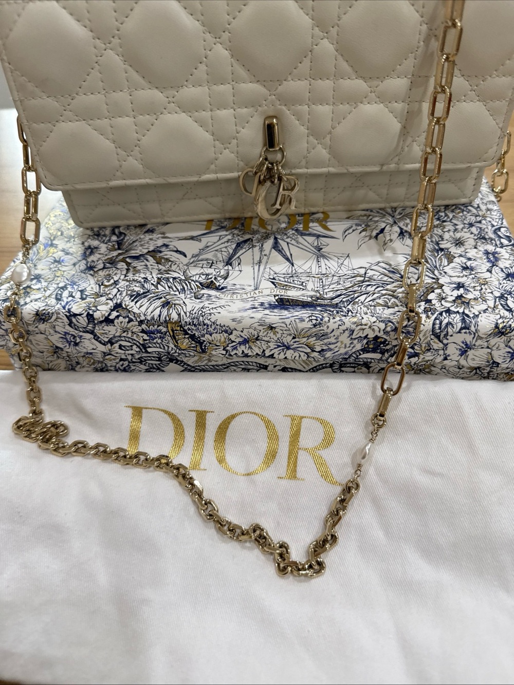 Dior Cream Quilted Leather Shoulder Bag with Gold Chain